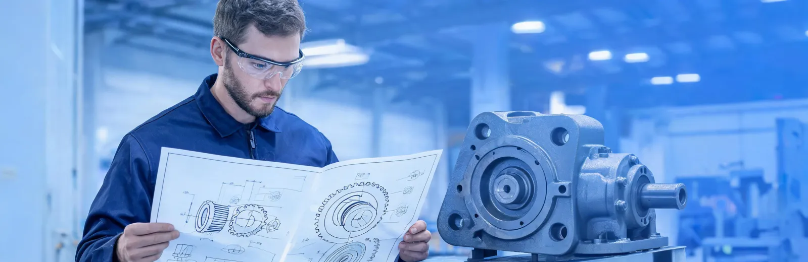 Engineer reviewing worm gearbox drawing