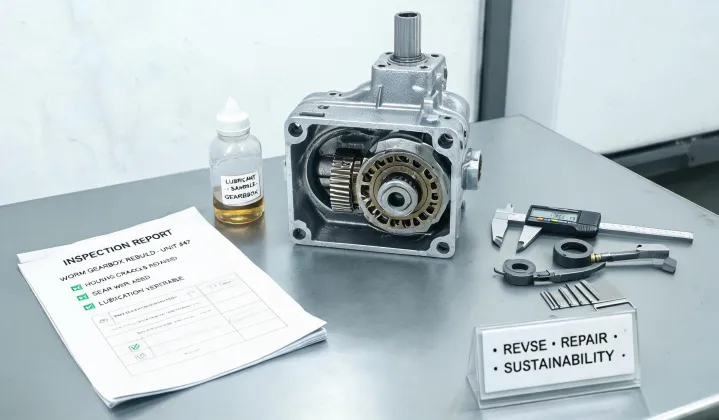 Rebuilt worm gearbox beside inspection report